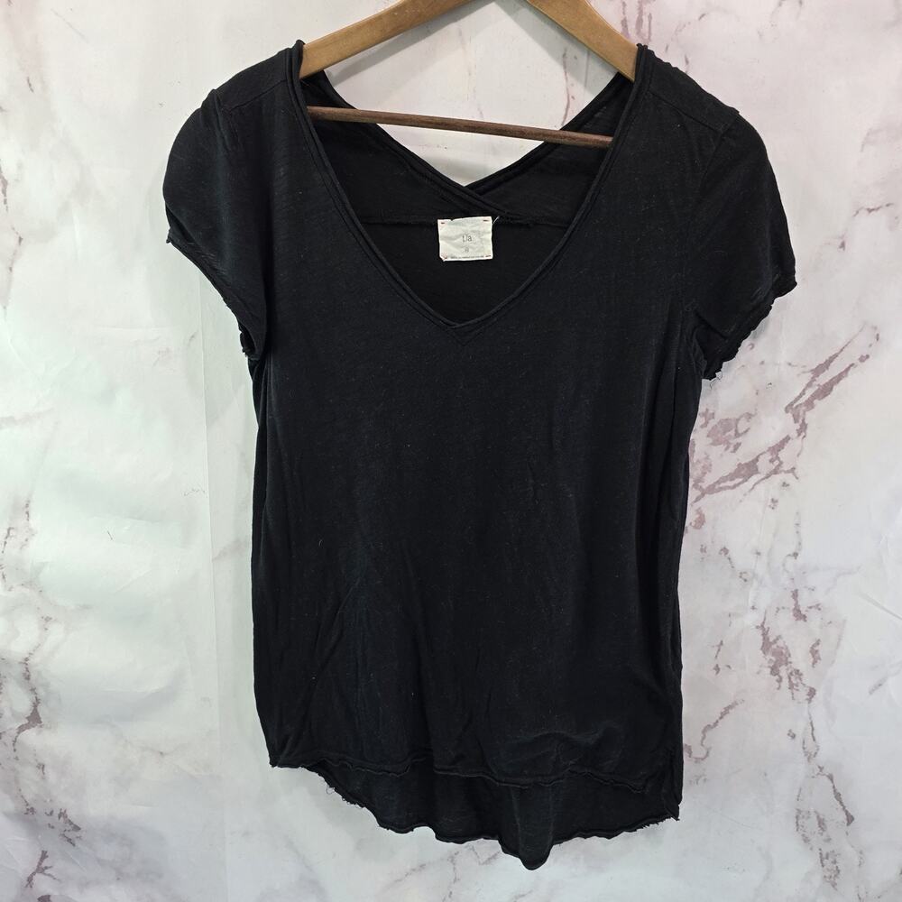 Anthropologie T Shirt Womens XS Black Burn Out V Neck Basic Modal Blend Cap Tla